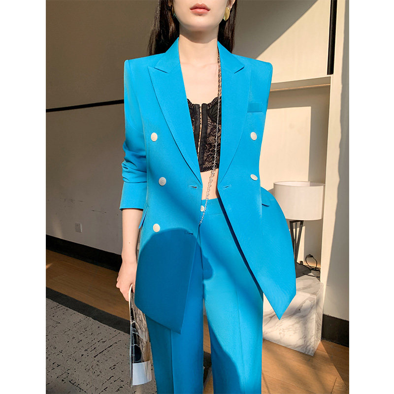 蓝色西装外套女2025春秋新款小个子阔腿裤气质名媛高级感西服套装