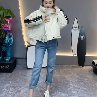 设计感条纹连帽加厚风衣女春秋2024年新款小个子宽松短款棉衣外套