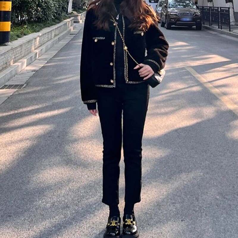 高腰黑色小直筒牛仔裤女九分2024秋冬新款显瘦薄绒微喇烟管裤加绒