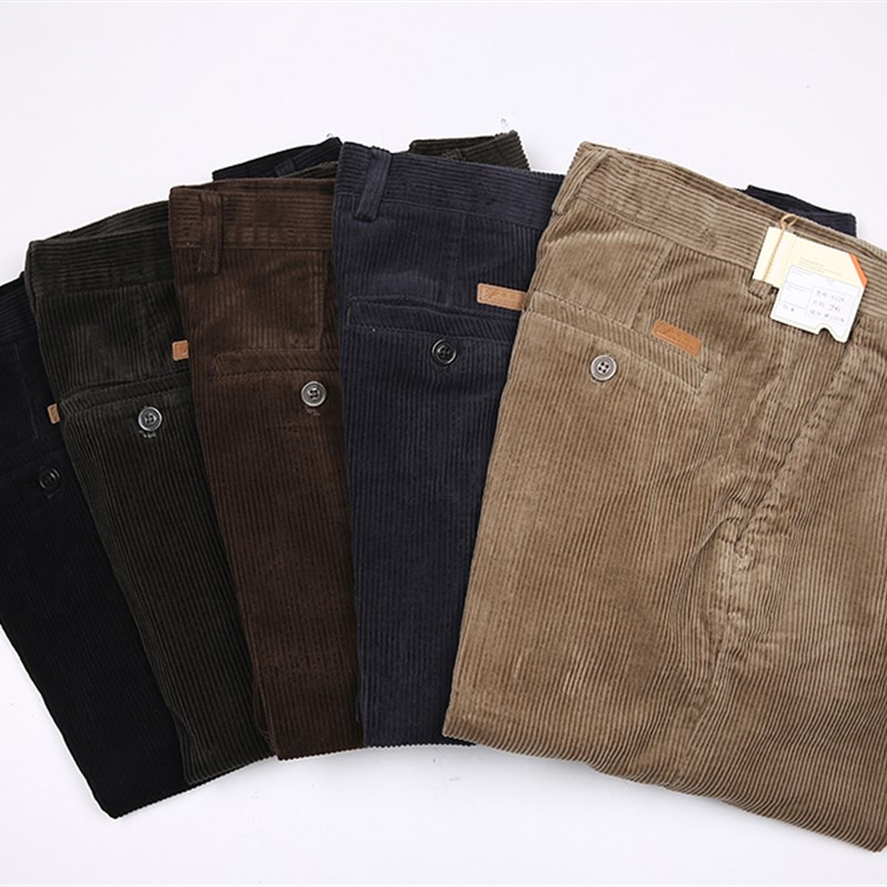 中老年人秋冬季厚款粗条灯芯绒男裤休闲裤宽松高腰爸爸宽条绒裤子