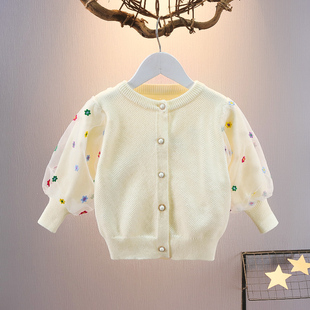 女童开衫外套外搭洋气蕾丝宝宝2023春秋新款毛衣小童针织外套绒软