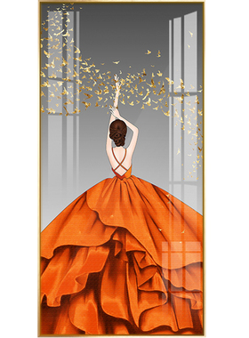 轻奢风人物装饰画橙色美女入户玄关挂画美容院服装店过道壁画单幅