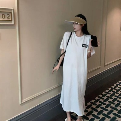 孕妇懒人中长款过膝T恤睡衣夏装纯棉宽松外穿短袖居家服连衣裙女