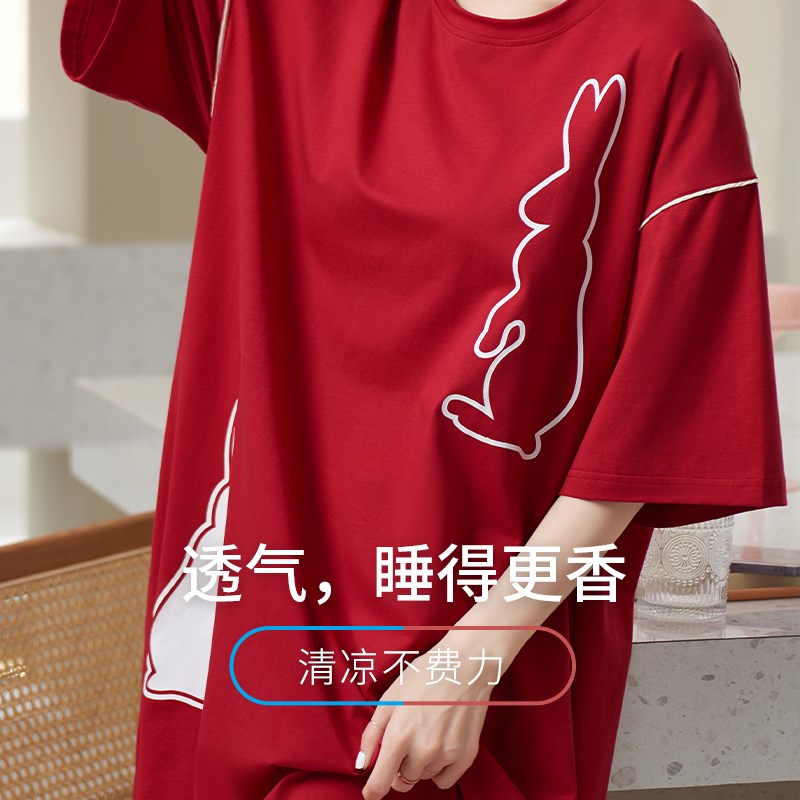 红色睡裙女夏季薄款纯棉短袖睡衣女夏天本命年新娘结婚晨袍家居服