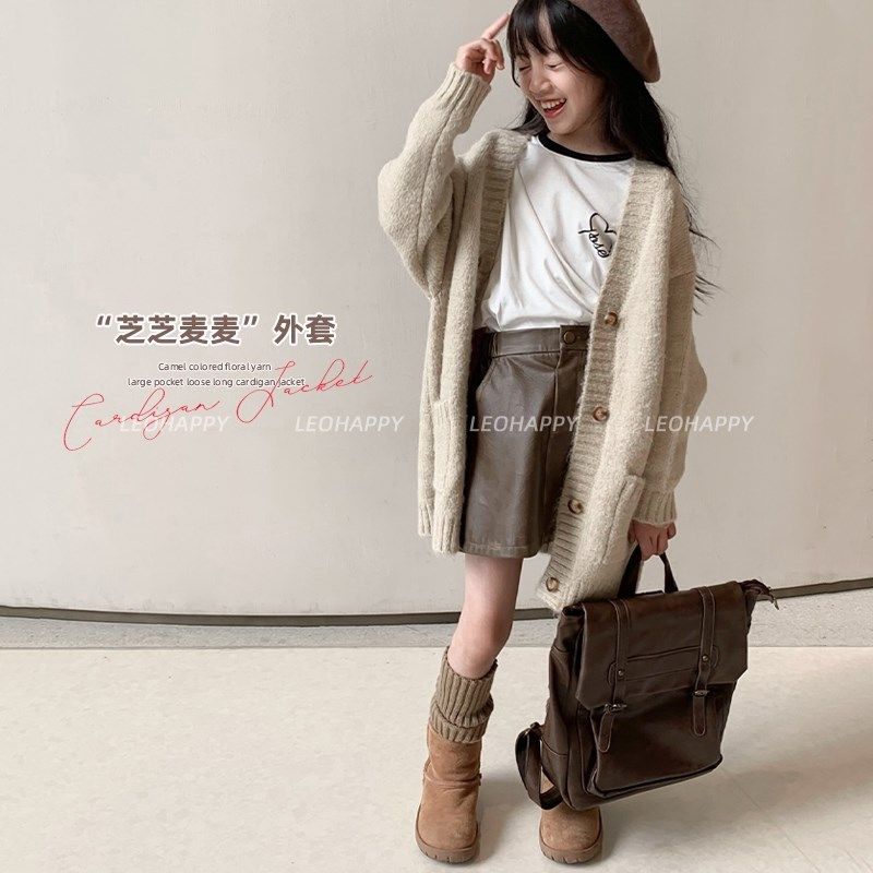 LEOHAPPY女童毛衫春秋款儿童毛绒花纱宽松长款开衫中大童毛织外套