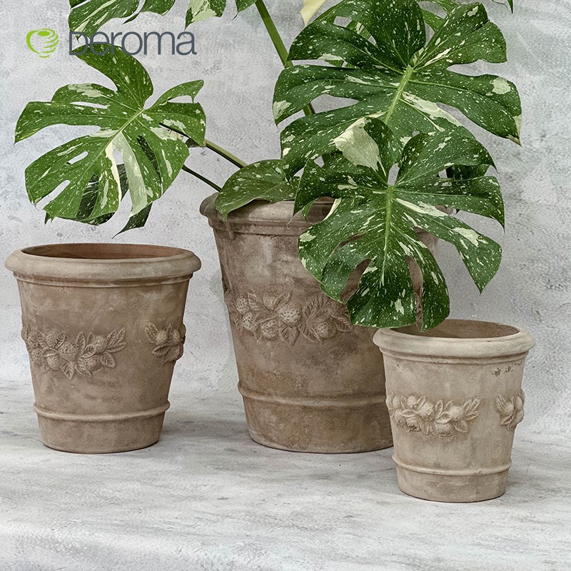 DEROMA中古做旧粗陶盆陶盆红陶土粗砂透气手工陶罐柠檬浮雕陶盆