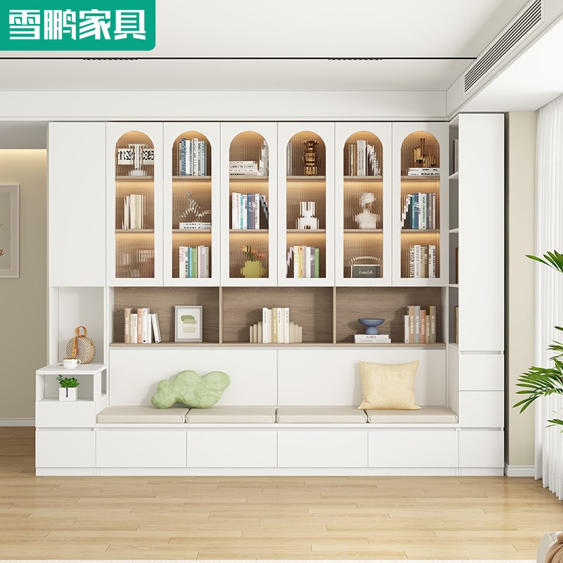 去客厅化卡座沙发书架一体整墙到顶组合带玻璃门落地展示柜6F61-1