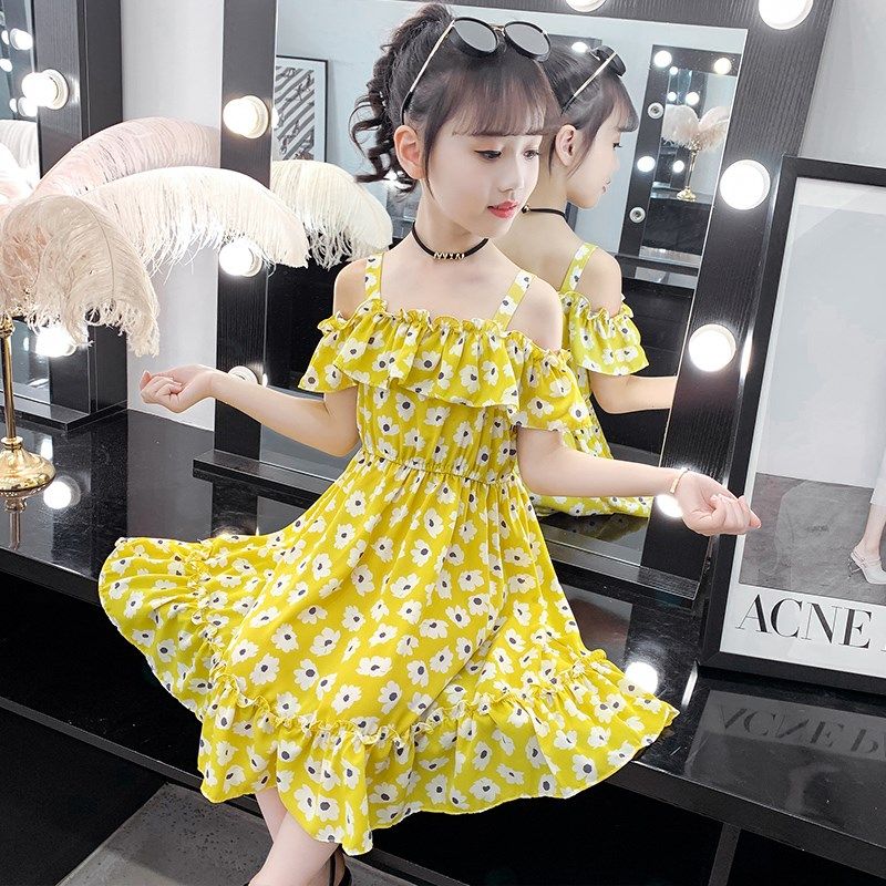 女童夏季连衣裙吊带漏肩黄色四五六七八九十岁公主裙子碎花
