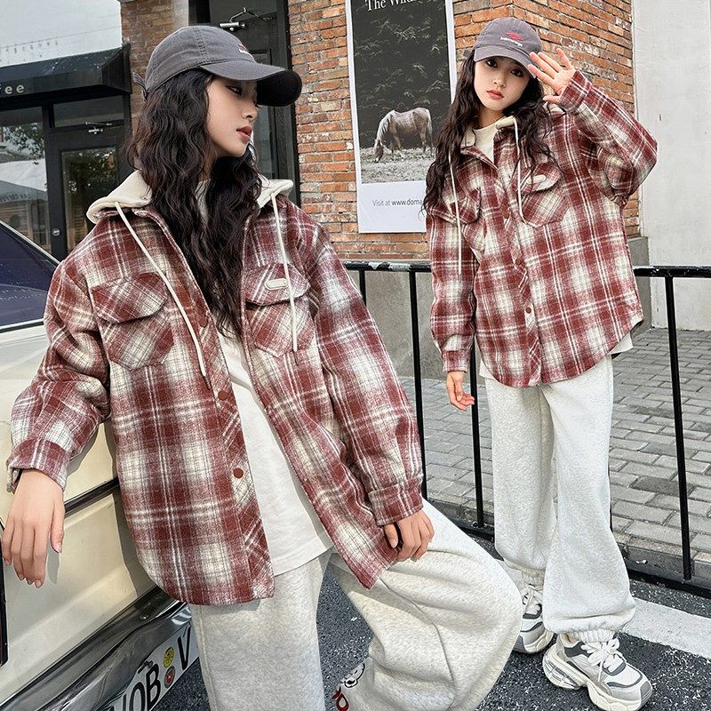 胖女童夹棉外套儿童秋冬加肥加大码格子衬衫连帽加厚时髦衬衣上衣