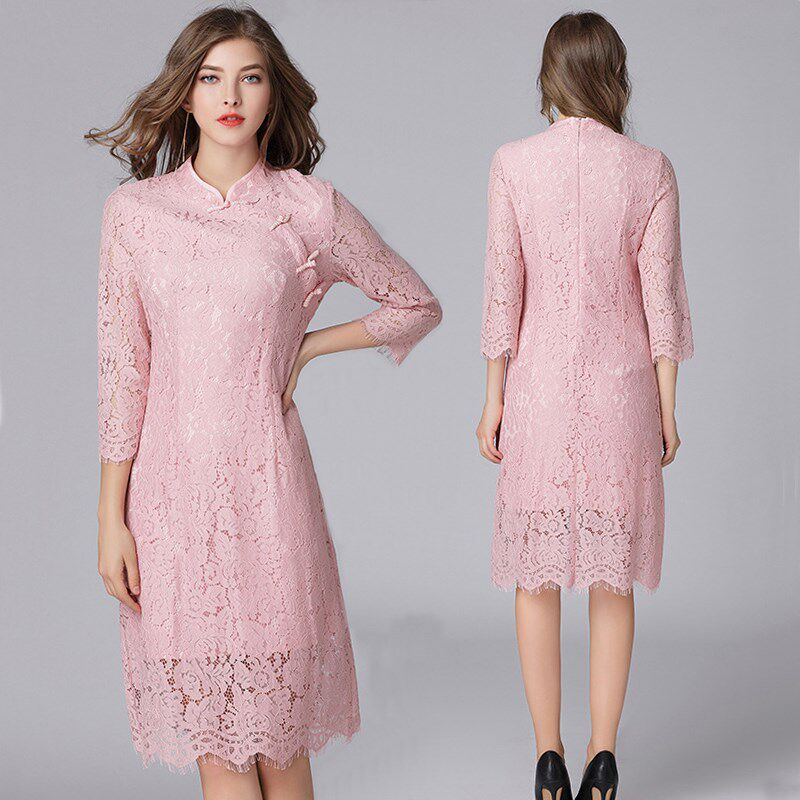 2025新款春秋长袖改良版旗袍蕾丝立领粉色连衣裙大码时尚妈妈女装