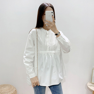 白色时尚 衬衫 大码 孕妇衬衣秋装 韩版 长袖 宽松中长款 百搭打底衣 新款