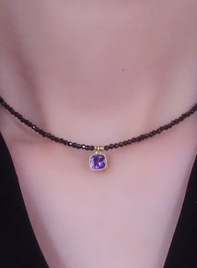 小众设计感紫色方糖黑水晶项链洋气锁骨链2023年网红爆款颈链配饰
