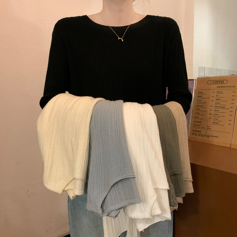 早秋季新款圆领宽松慵懒风长袖打底针织衫上衣秋冬内搭黑色毛衣女
