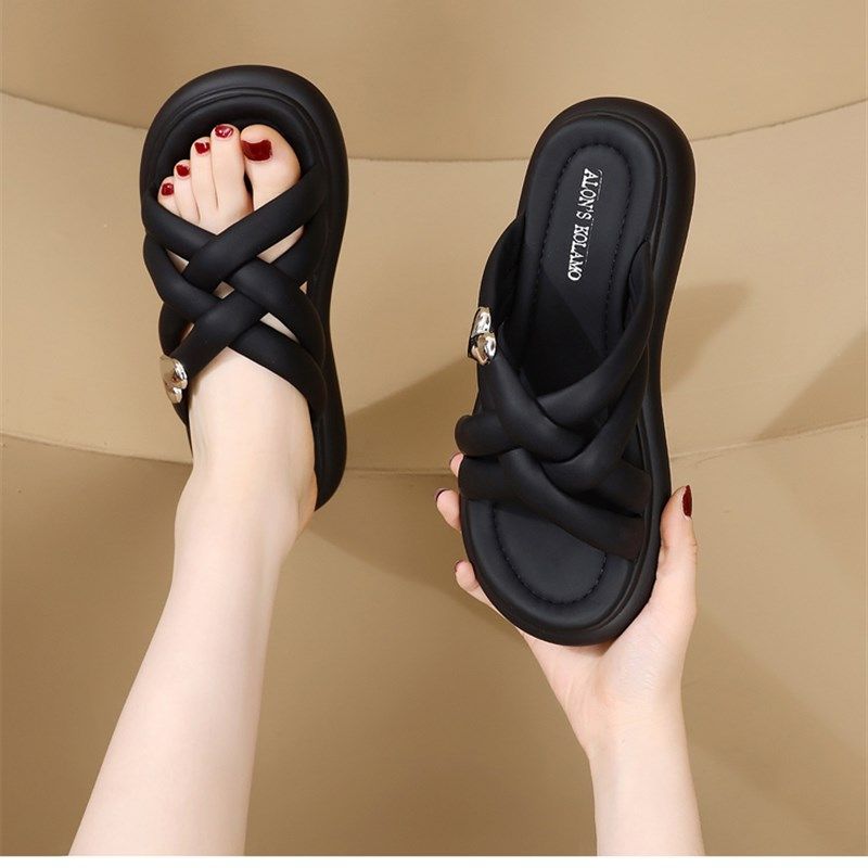 厚底拖鞋女夏外穿2023年新款时尚平底沙滩鞋交叉凉拖踩屎感凉鞋,女鞋,一字拖,淘宝优惠券,粉丝福利购,淘宝优惠卷