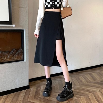 秋季大码胖mm中长款半身裙女高腰不规则开叉A字裙黑色包臀裙