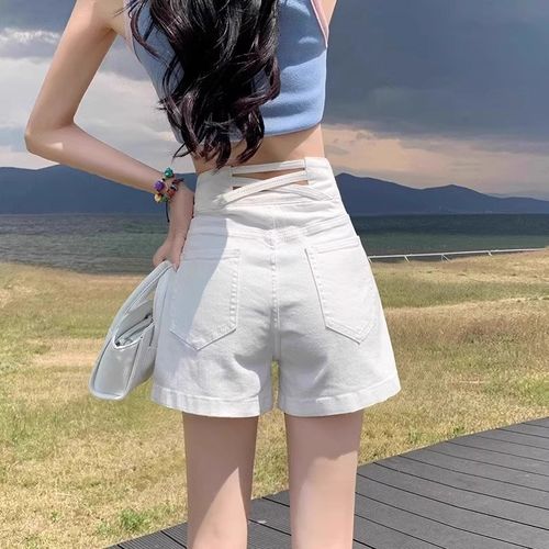 薄款白色排扣超高腰牛仔短裤女收腹宽松显瘦设计感a字阔腿热裤夏