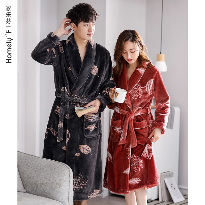 情侣睡袍男士秋冬季法兰绒加厚长款睡衣保暖加绒冬天女珊瑚绒浴袍