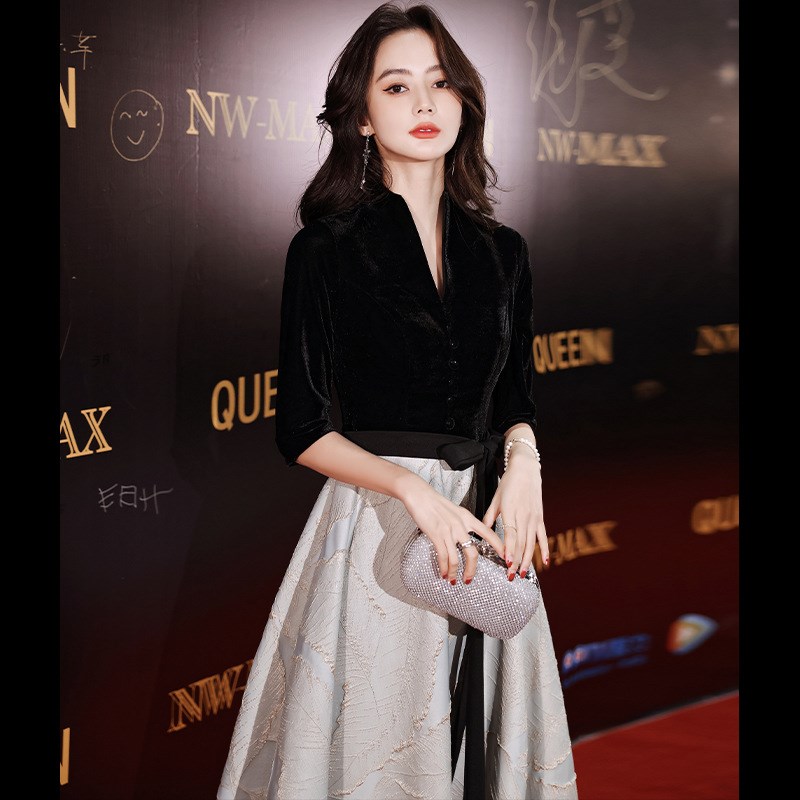 2024春夏黑色主持晚礼服气质走秀演出礼服宴会年会长款宴会服