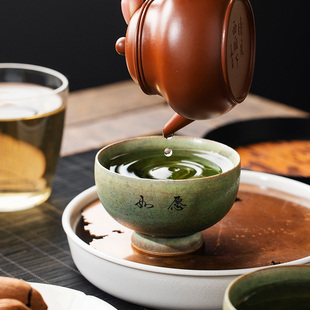 窑变陶瓷茶杯绿高端定制手工功夫主人杯单杯家用待客品茗杯喝茶杯