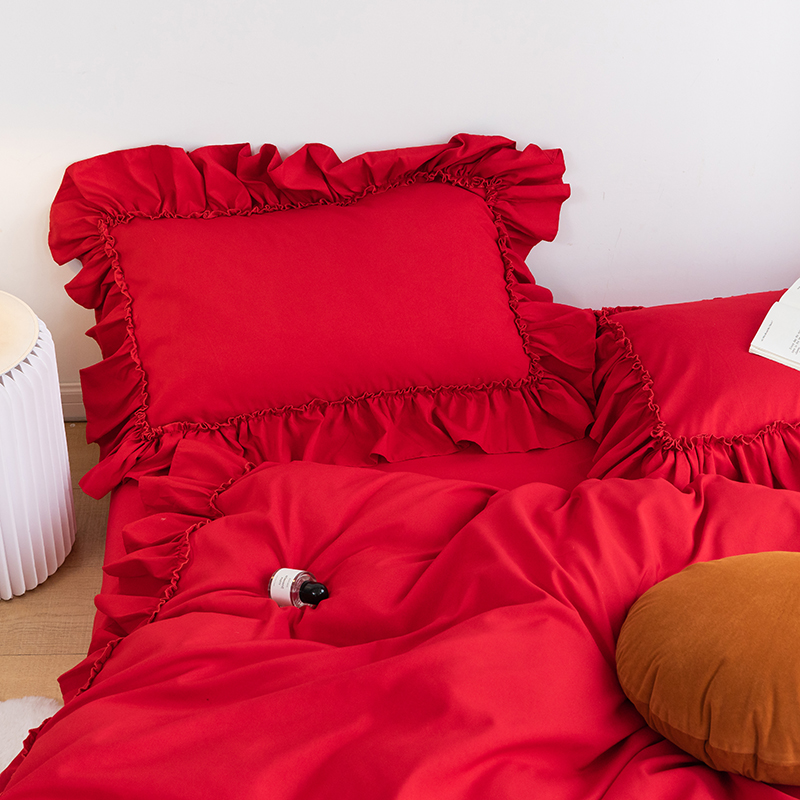 中式婚庆大红色碳素磨毛牀单牀笠款四件套结婚牀上用品嫁娶双人喜