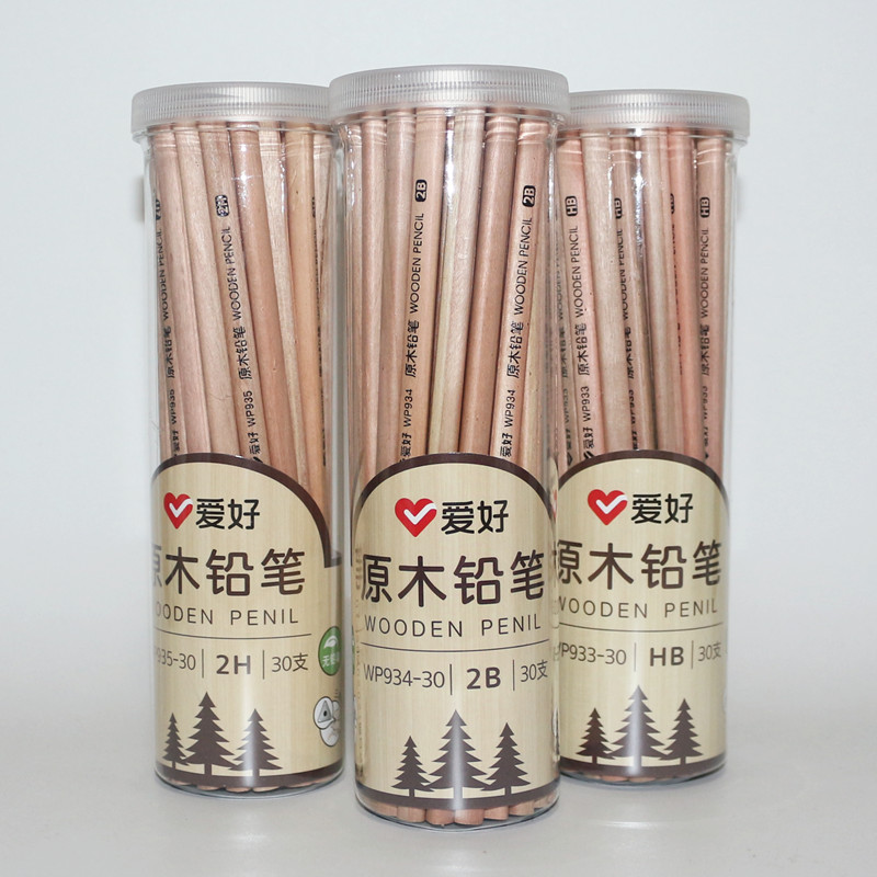 爱好HB铅笔30支桶装原木小学生2B三角铅笔儿童2H素描绘图绘画笔