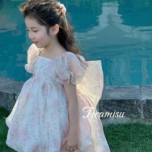 女童清新甜美公主裙披风可拆泡泡袖 2024夏季 小碎花连衣裙生日礼服