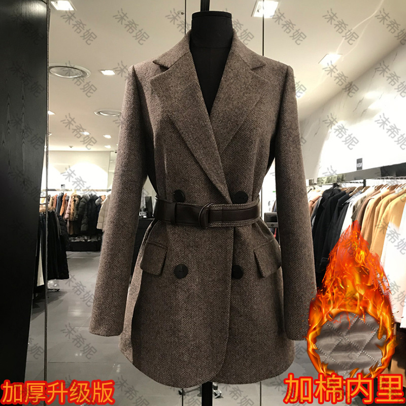 2021秋冬新款系带收腰羊毛呢西装外套女人字纹气质高级感小西服