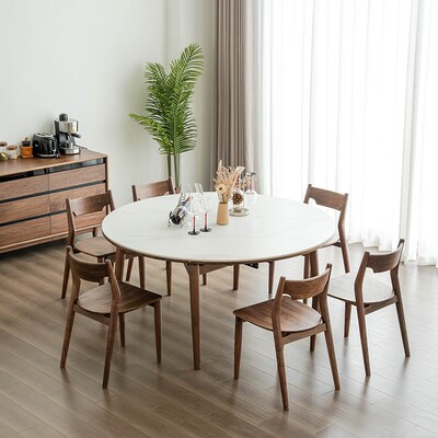 黑胡桃木折叠圆桌可伸缩餐桌可变方桌实木岩板大理石吃饭桌椅组合