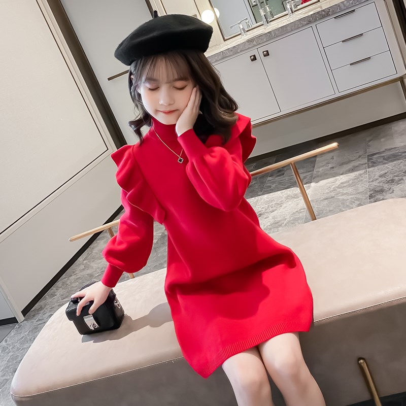 女童过年连衣裙2024新款洋气儿童针织裙子冬装红色女孩打底毛衣裙
