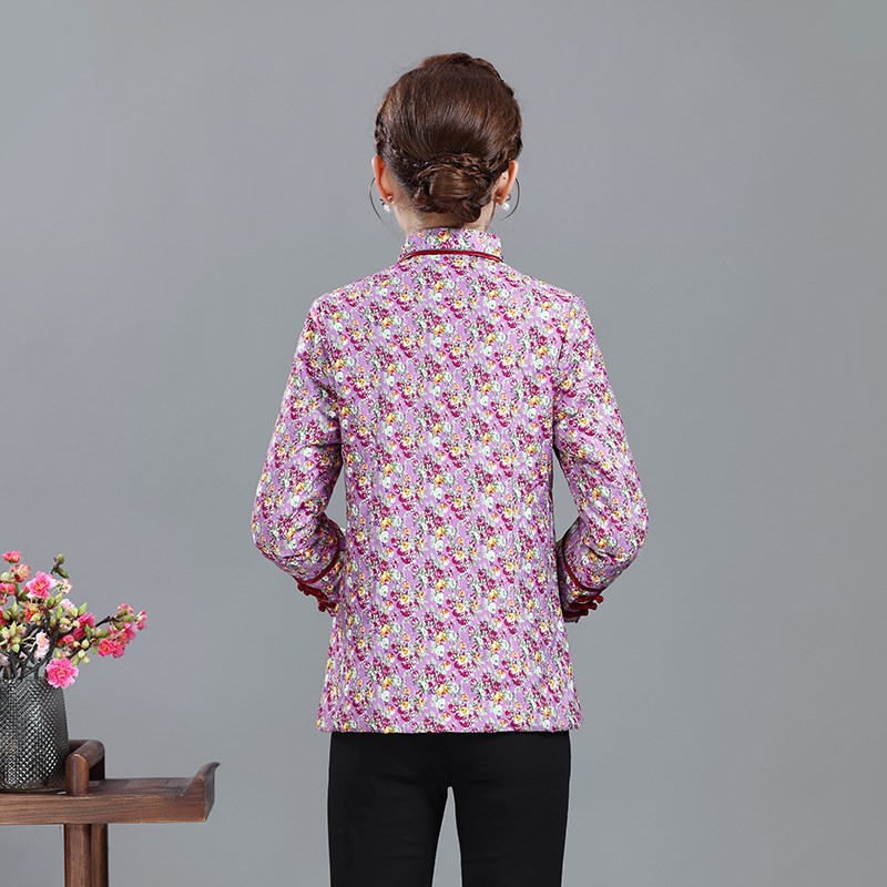 秋季复古夹棉小棉衣中老年女装盘扣碎花洋气旗袍短款上衣外套女装