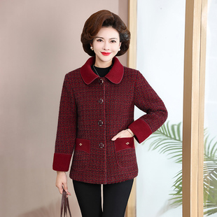 妈妈秋冬装小个子羊毛呢外套女短款中老年加绒加厚呢子大衣服新款