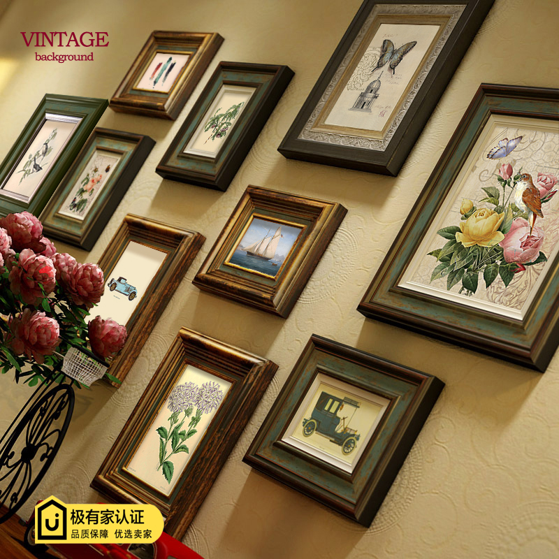 美式乡村照片墙复古做旧欧式餐厅实木相框墙客厅玄关装饰组合
