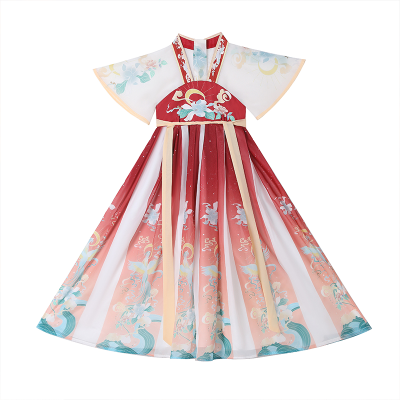 女童汉服夏季中国风儿童连衣裙夏童装六一民族古装演出服红色裙子