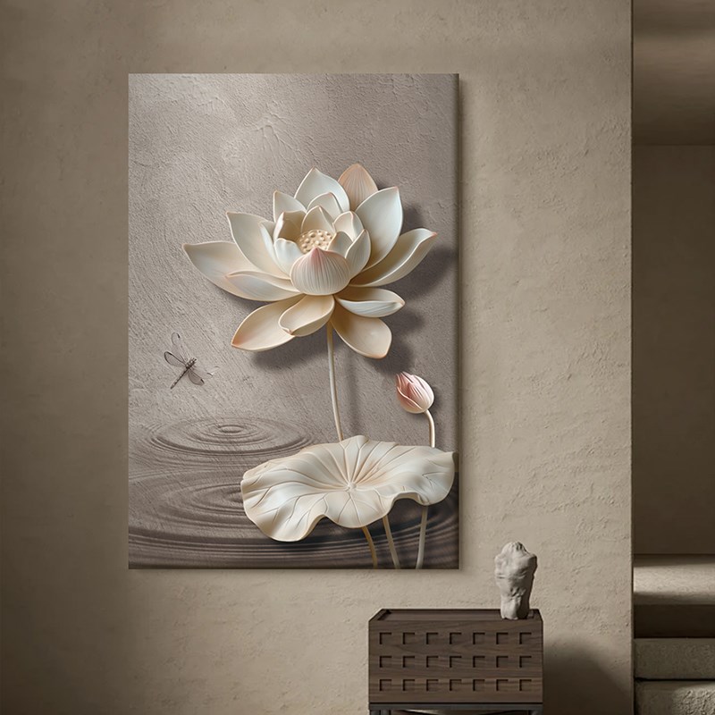 侘寂风玄关装饰画立体荷花走廊过道挂画高级感新中式客厅画奶油风图片
