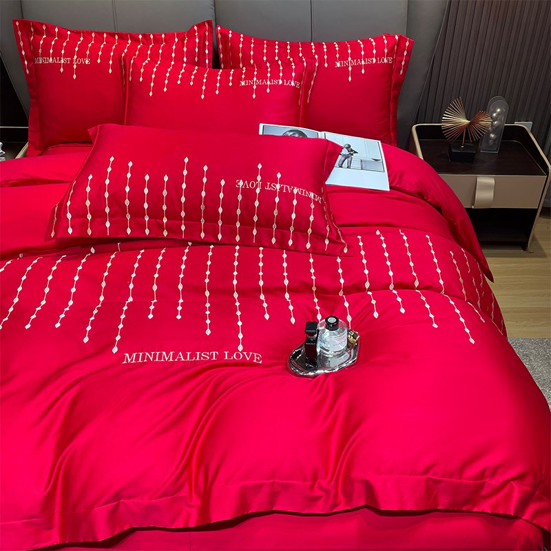 简约200支婚庆四件套大红纯棉被套结婚床上用品婚房女方陪嫁床单4