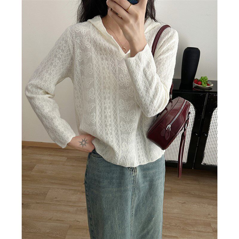 连帽蕾丝提花针织套头连帽上衣2025春季新款白色内搭法式毛衣内搭