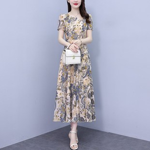 法式碎花真丝雪纺连衣裙女装2025夏季短袖气质妈妈长款遮肚子长裙