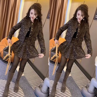 豹纹时尚套装女2024秋季新款气质百搭开衫外套半身裙小个子两件套