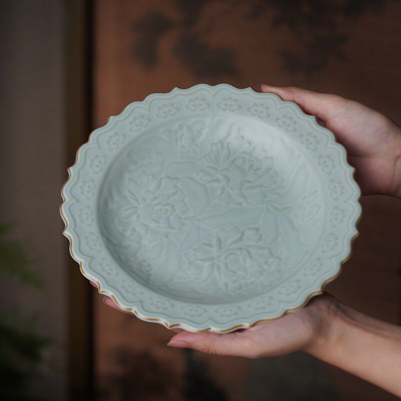 汝窑国色天香盘摆件景德镇陶瓷仿古瓷器禅意家居客厅装饰汝瓷礼品