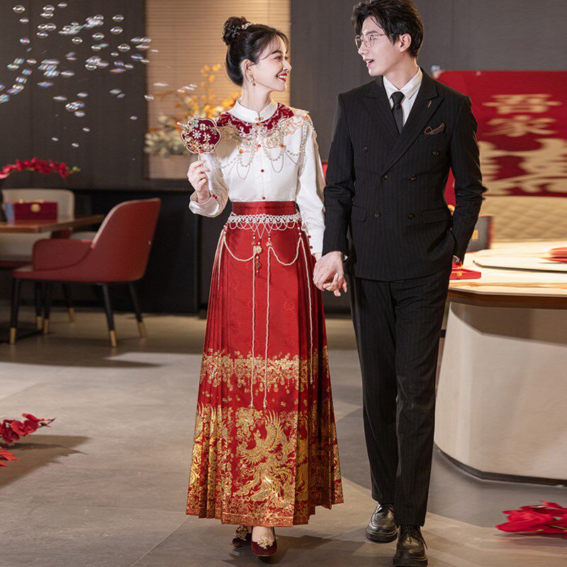 汉服女新中式马面裙套装敬酒服新娘红色小个子结婚订婚礼服裙春夏