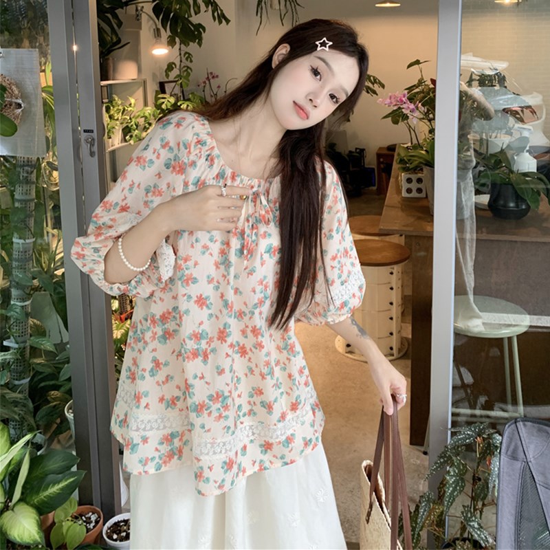 大码女装2024夏胖mm显瘦套装复古蕾丝宽松碎花娃娃衫+花边半身裙