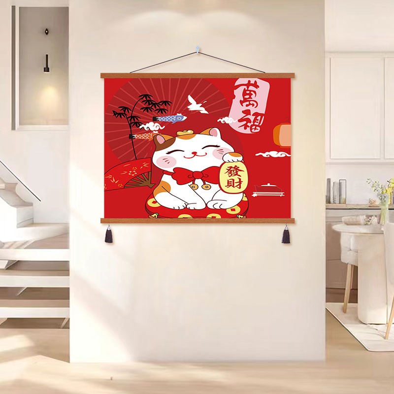 招财猫网红背景布挂布宿舍电表箱遮挡装饰布画免打孔卷轴布艺挂画