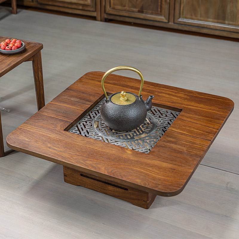 柚木茶台围炉煮茶烤火炉套装 火钵碳炉箱组合 家用多功能茶桌