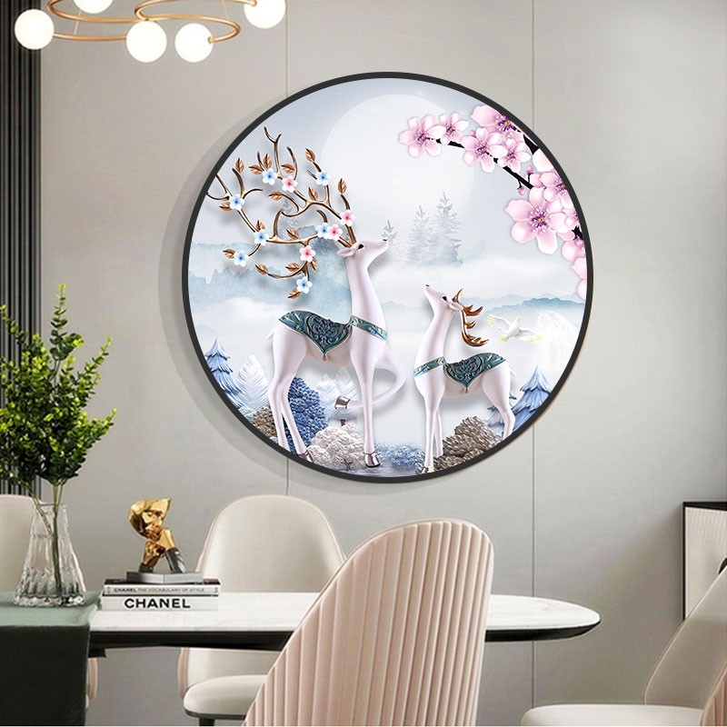 圆形创意壁画大气玄关餐厅挂画轻奢客厅装饰画北欧麋鹿沙发背景墙图片