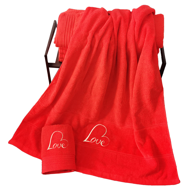 纯棉大红色浴巾结婚陪嫁一对新婚庆典回礼盒套装情侣定制名字喜事