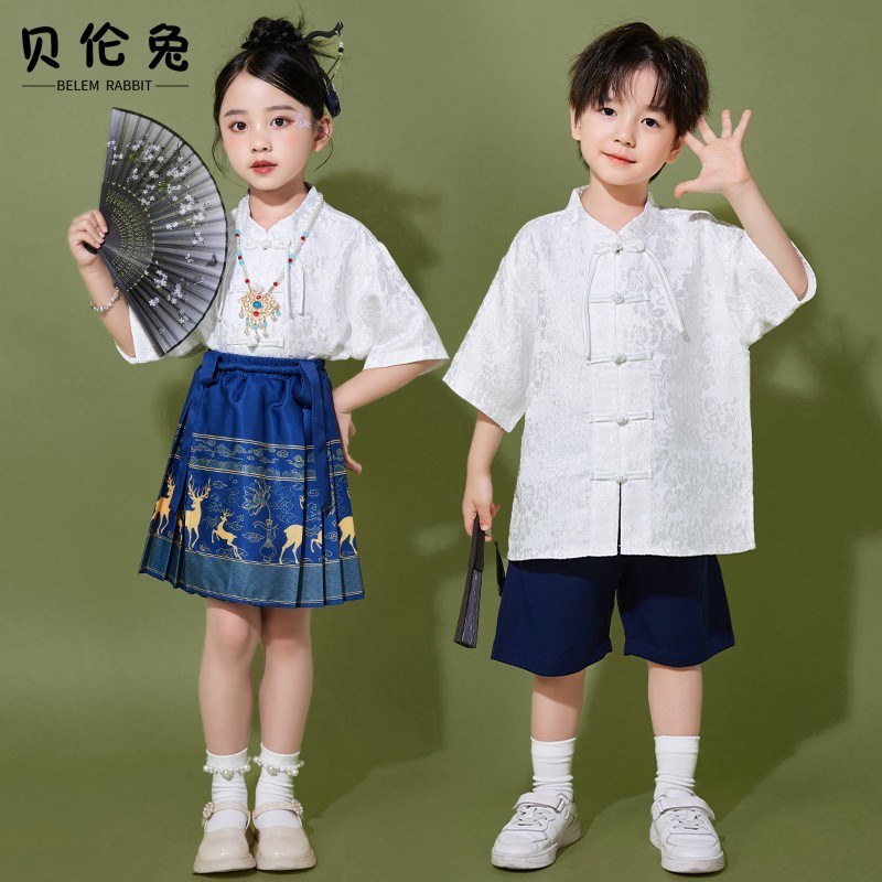 六一儿童啦啦队演出服男童合唱班服套装女童汉服马面裙古典舞表演