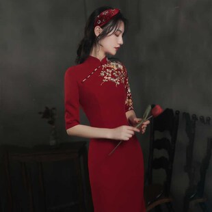 鱼尾时尚迎宾服颁奖典礼长款单开叉晚礼服复古高级感绣花平时可穿