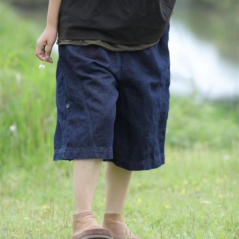 颜年2336 深蓝色牛仔短裤女夏款宽松大码胖mm显瘦百搭直筒五分裤