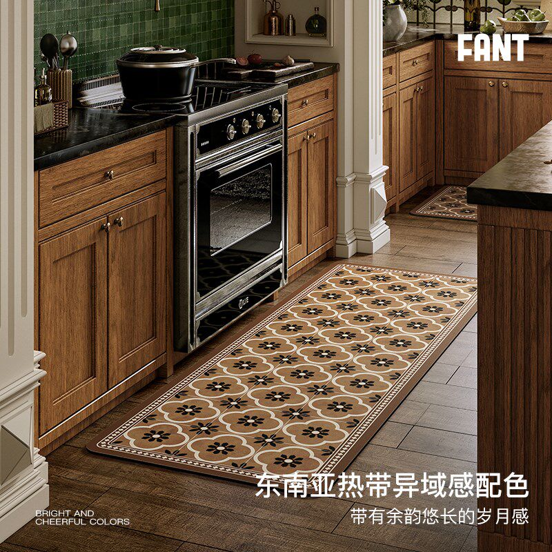 瑟琳厨房专用地垫花砖中古风吸水防滑耐脏可擦洗满铺全铺I形脚垫