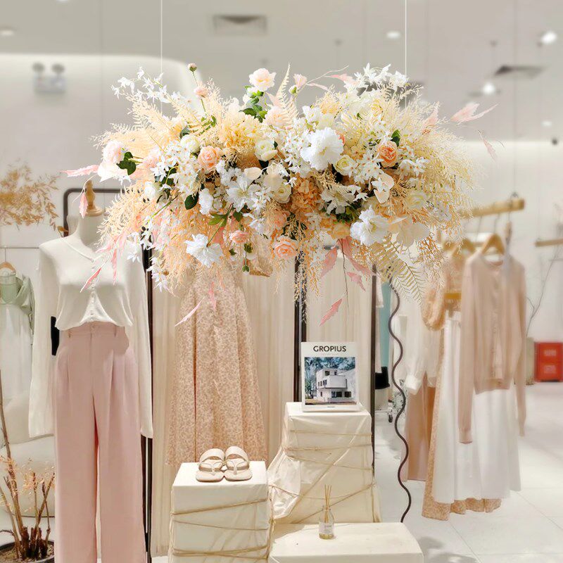 香槟色活动花艺布置花拱门婚纱橱窗吊花迎宾入口花架摄影背景花卉